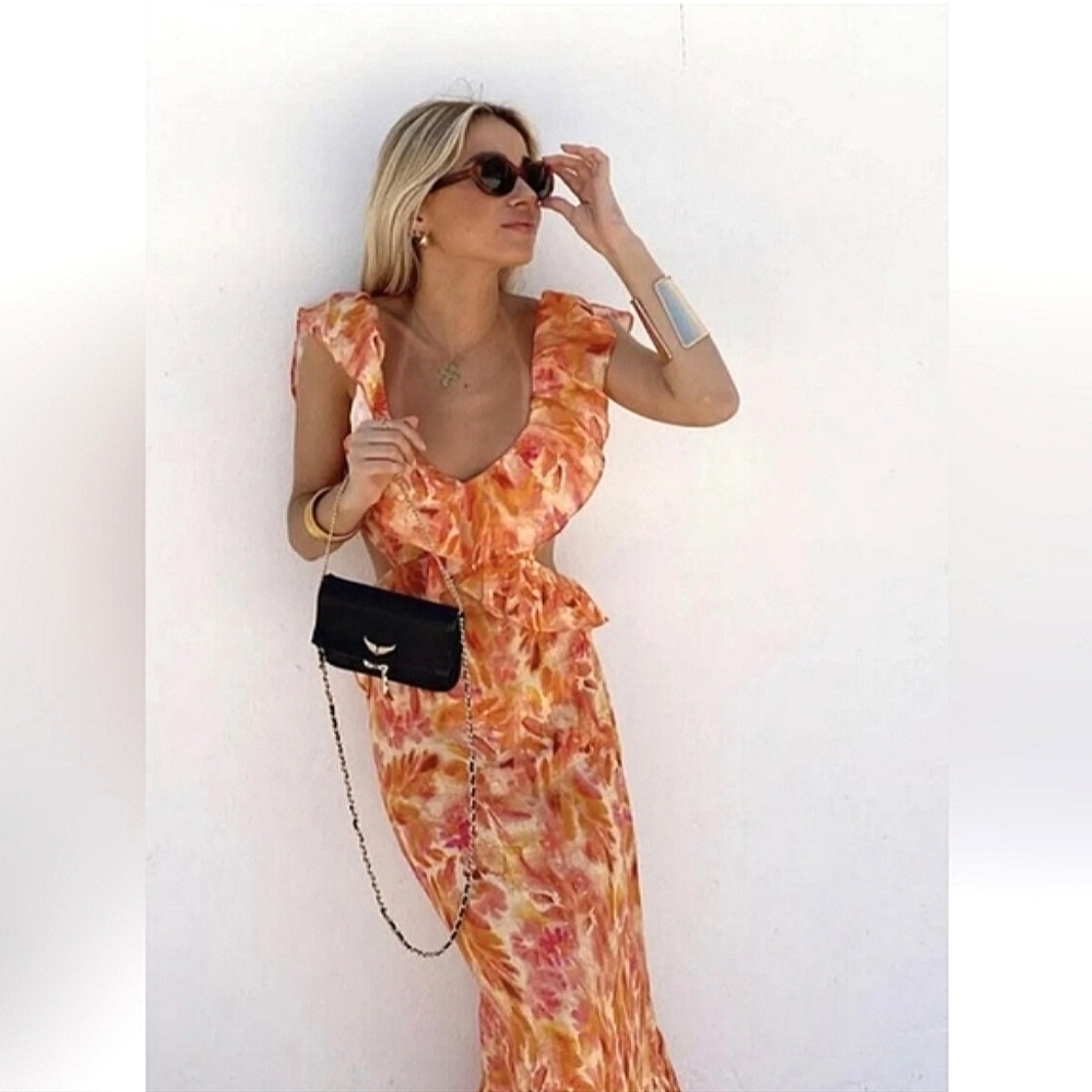 ZARA MAXI DRESS Printed Orange SIZE L & XL - Picture 13 of 16